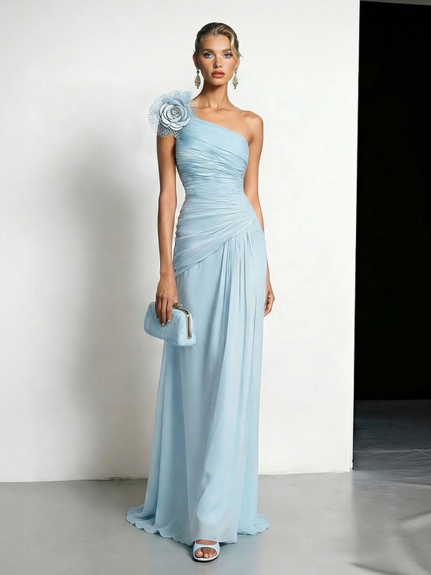 Elegant One-shoulder Ruffled Chiffon Maxi Dress Blue