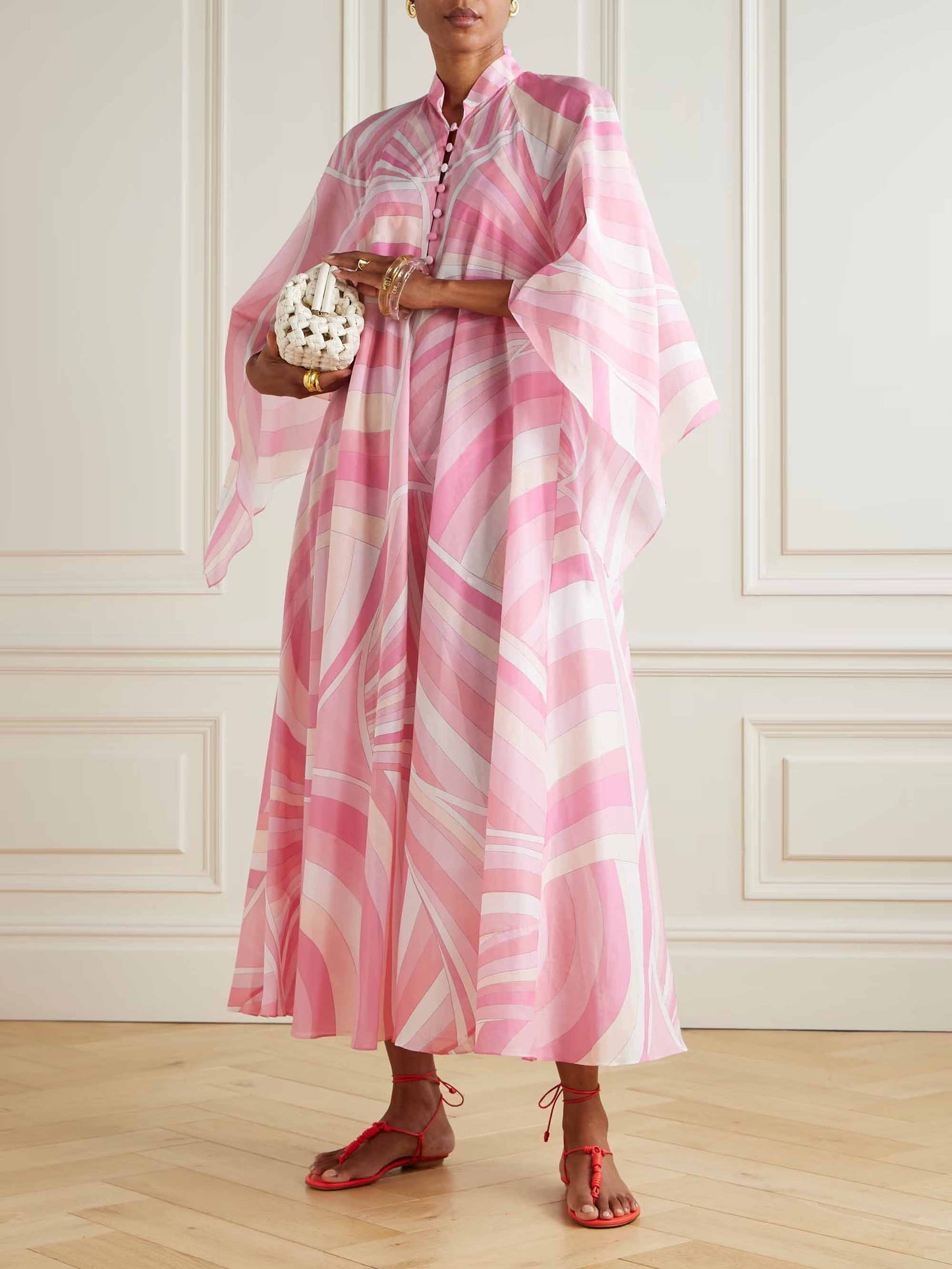 Exquisite Abstract Swirl Print Robe Maxi Dress Pink
