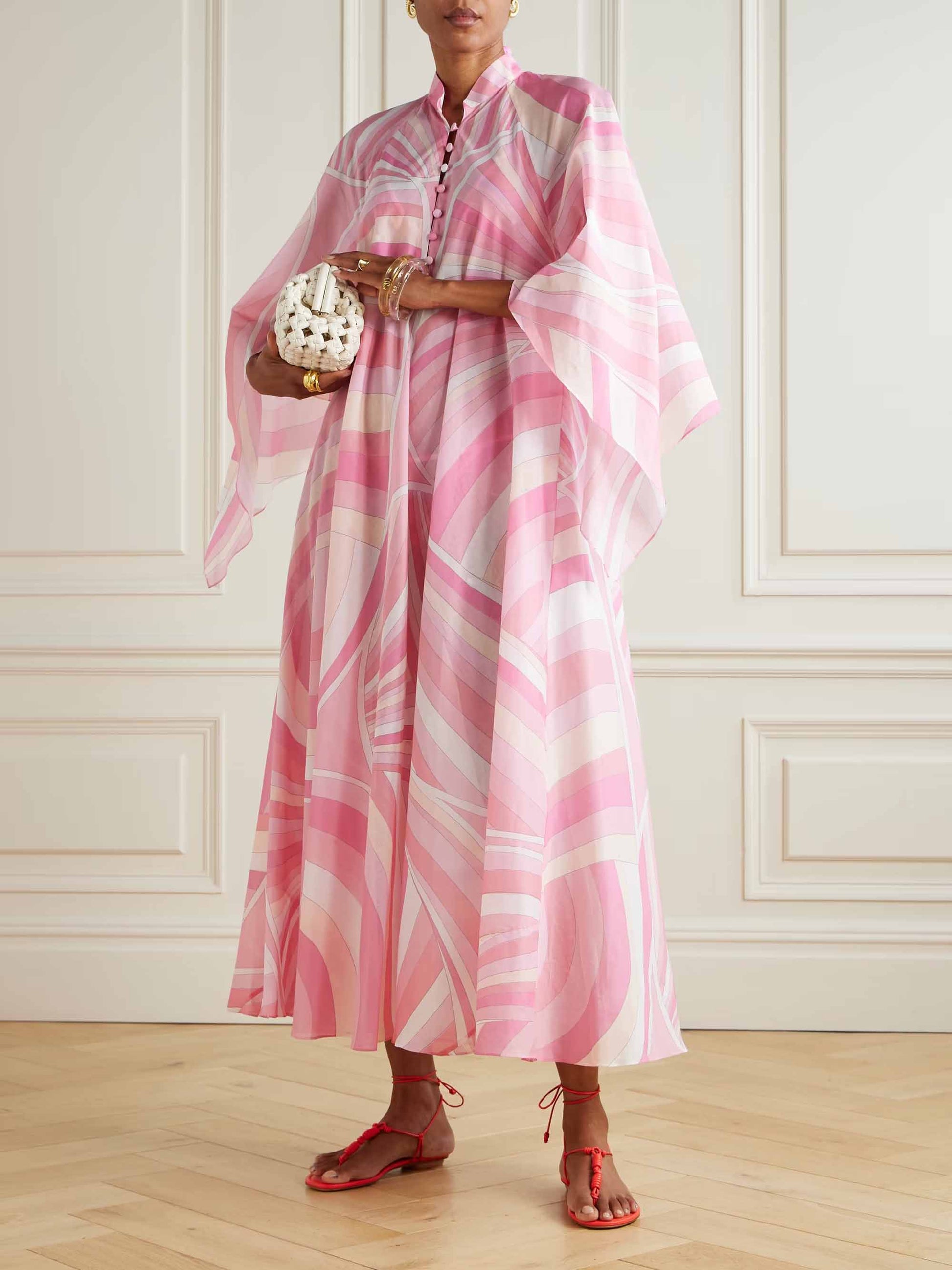 Exquisite Abstract Swirl Print Robe Maxi Dress Pink