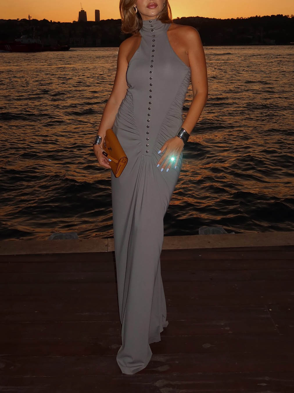 Elegant Multi-button Draped Fitted Maxi Dress Gray