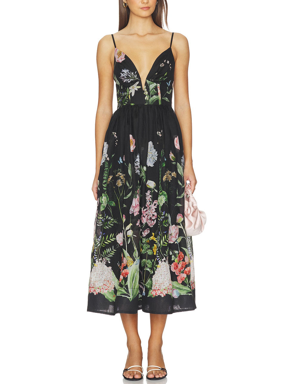 Elegant Botanical Print Deep V-Neck Fitted A-Line Midi Dress Black