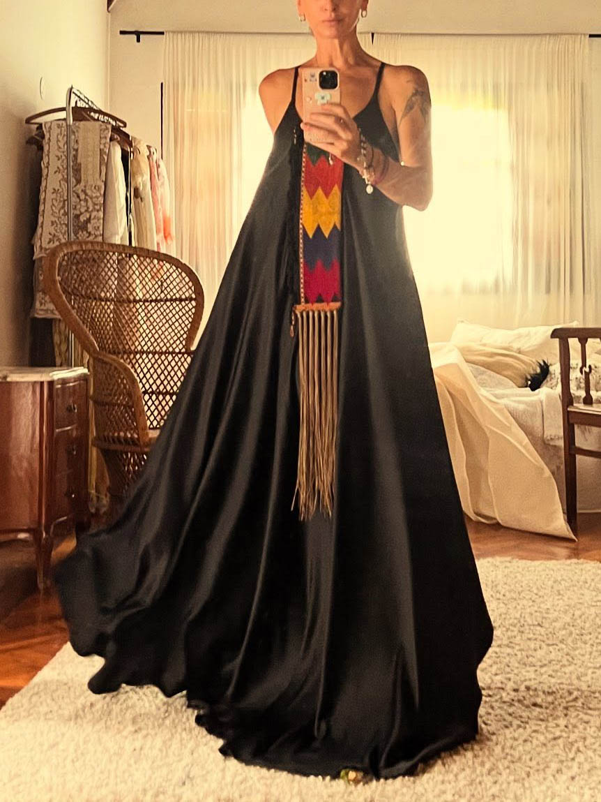 Casual Folk Style Printed Tassel Halter Neck Maxi Dress Black