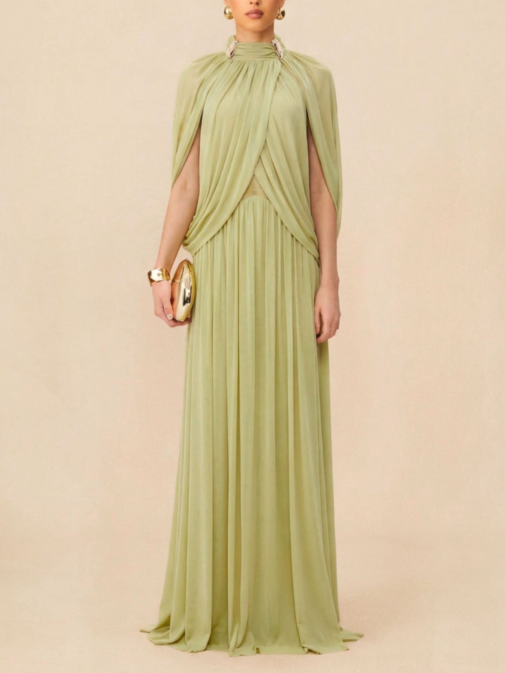 High Neck Pleated Cape Formal Maxi Dress Green
