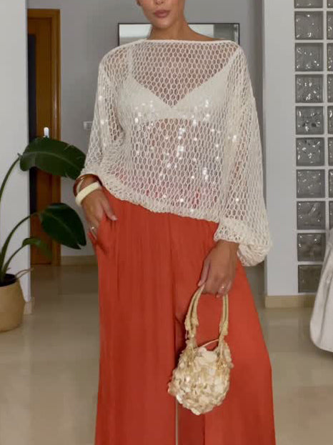 Elegant Sequined Cutout Long-Sleeved Sweater Cream