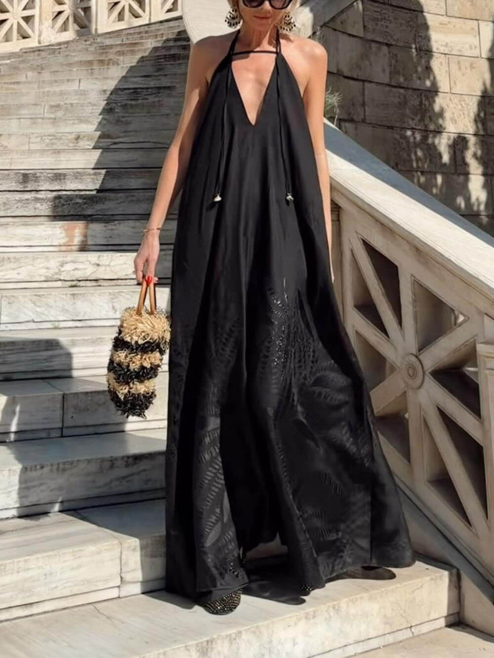 Boho Jacquard Backless Spaghetti Strap Maxi Dress Black