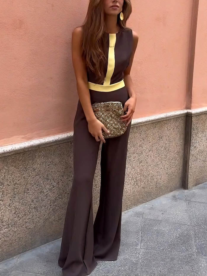 Retro Round Neck Classic Contrast Color Flared Jumpsuit Brown