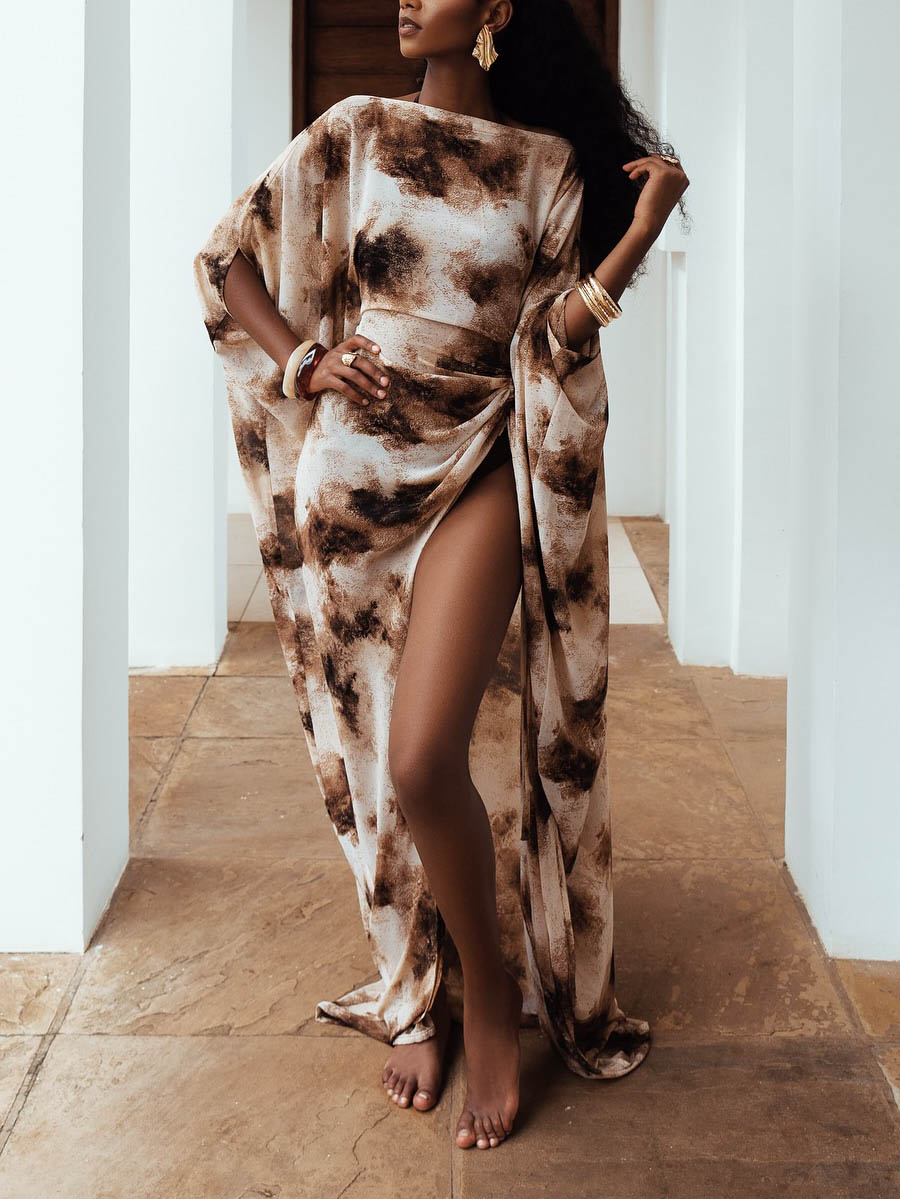 Elegant One-shoulder Tie-dye Floral Print Draped Maxi Dress Brown