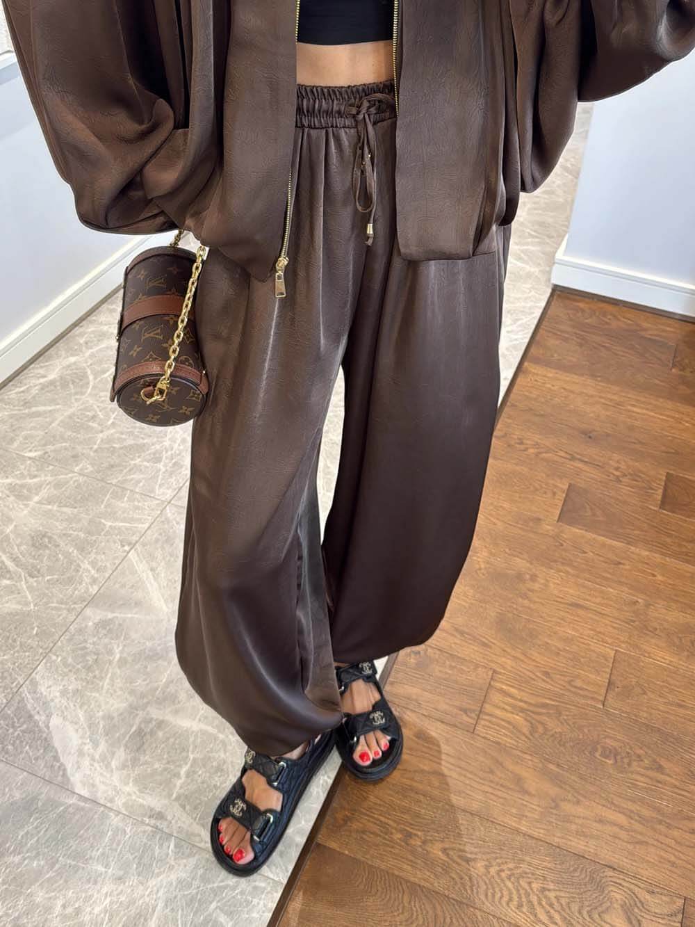Elegant Satin Bomber Loose Bloomers Pants Brown