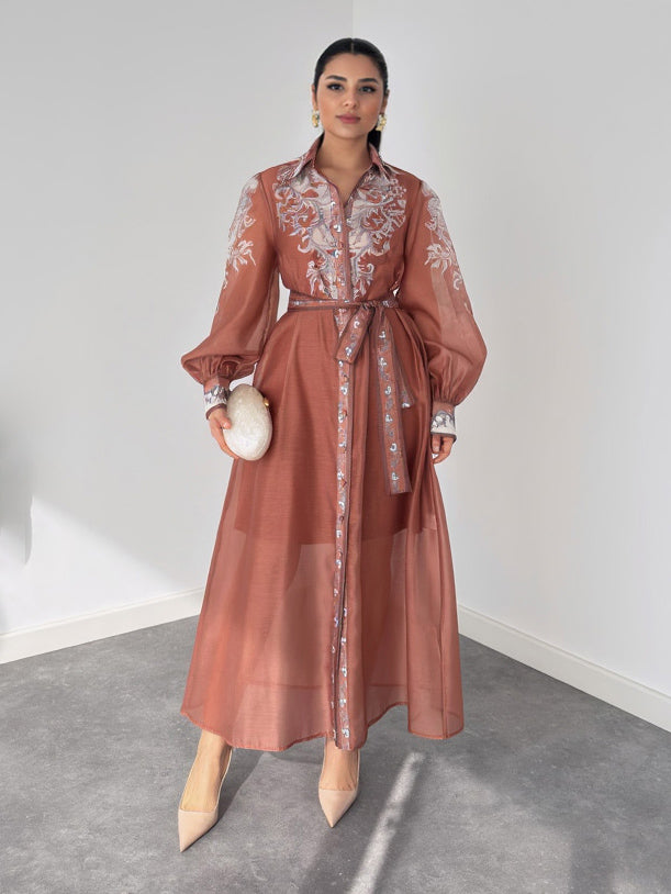 Casual Printed Chiffon Sheer Shirt Maxi Dress Brown