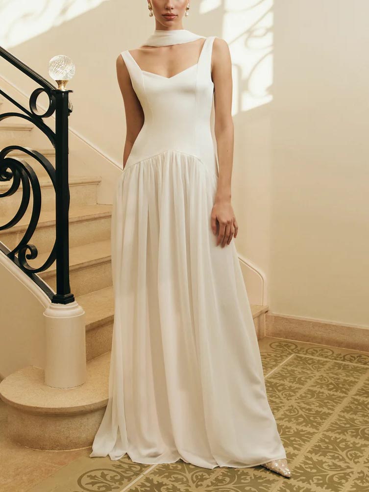 Elegant Bodycon Chiffon Flowing Maxi Dress White