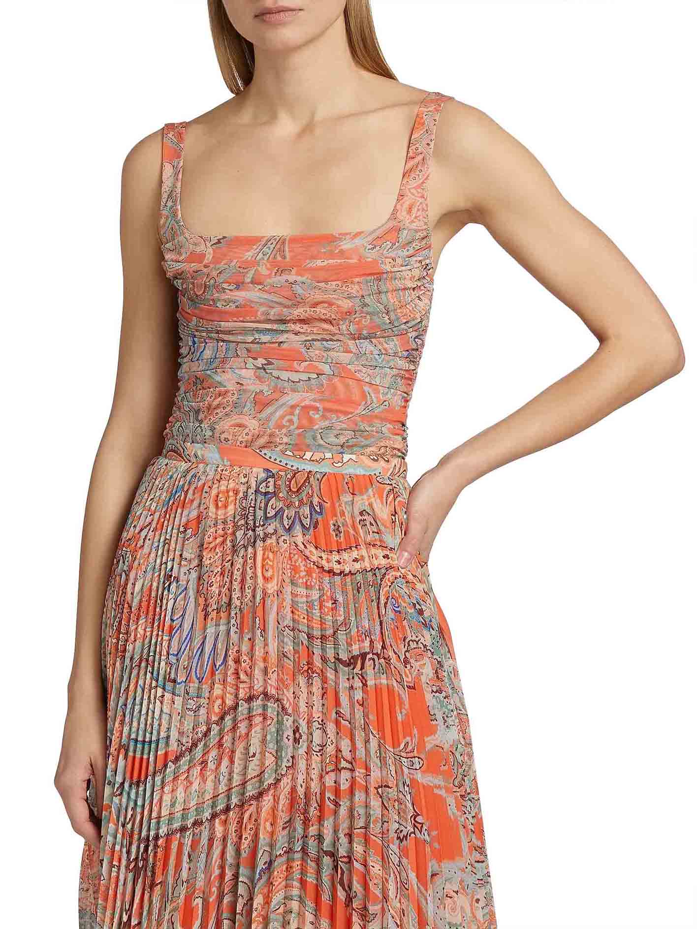 Exquisite Paisley Print Pleated Chiffon Tank Top Orange
