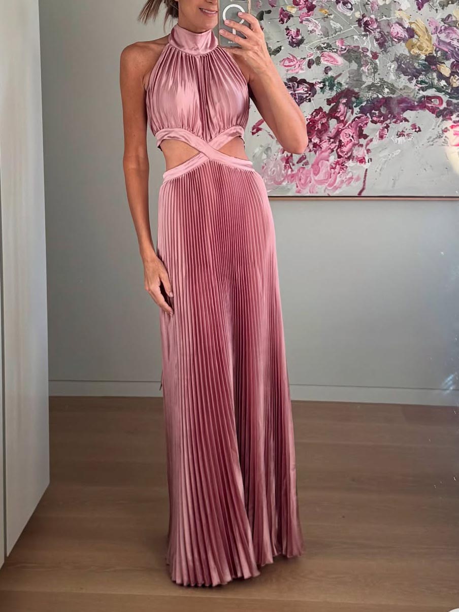 Elegant High-neck Halterneck Satin Pleated Maxi Dress Pink