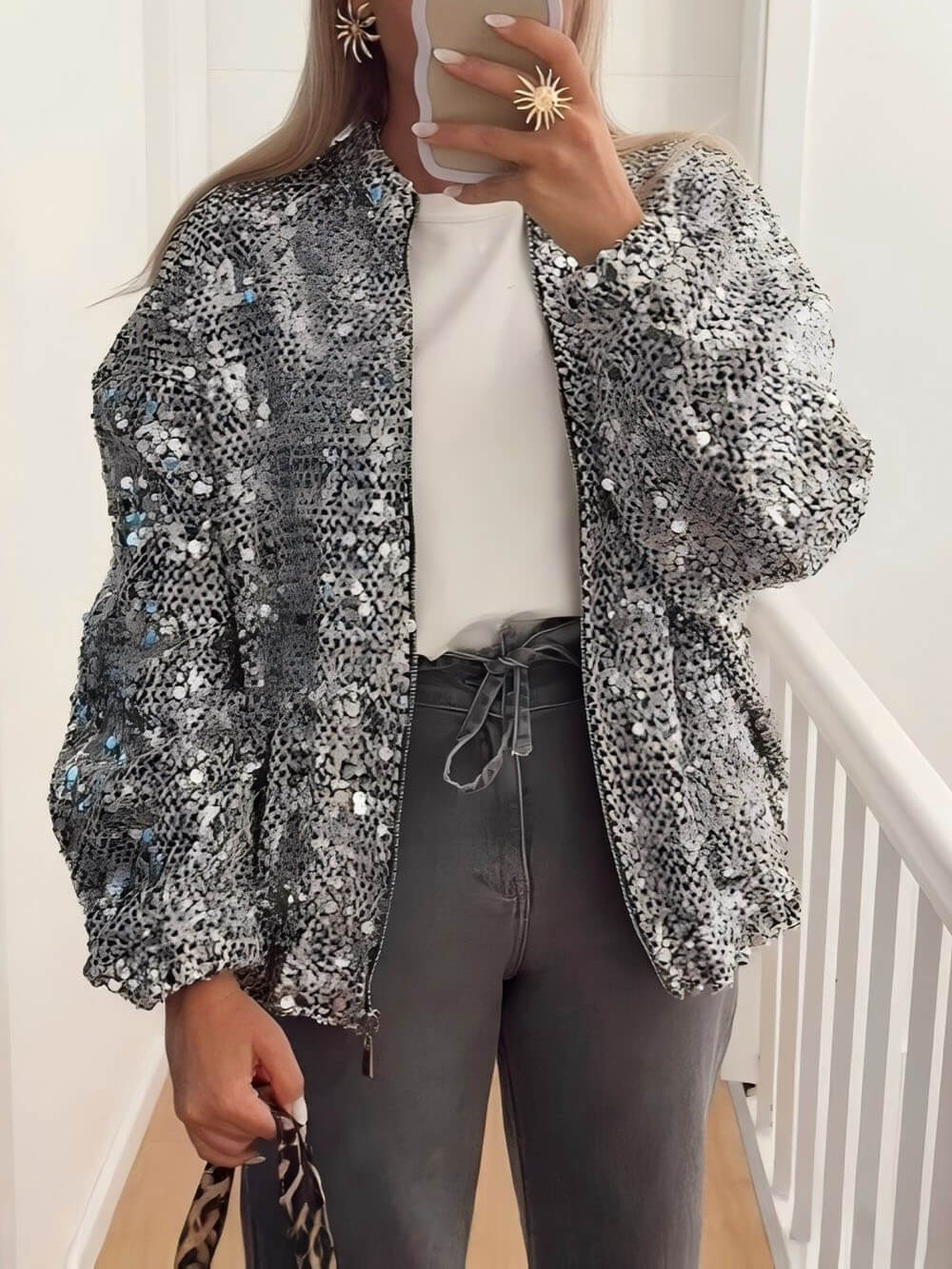 Retro Sequin Zip-Up Long Sleeve Jacket Silver