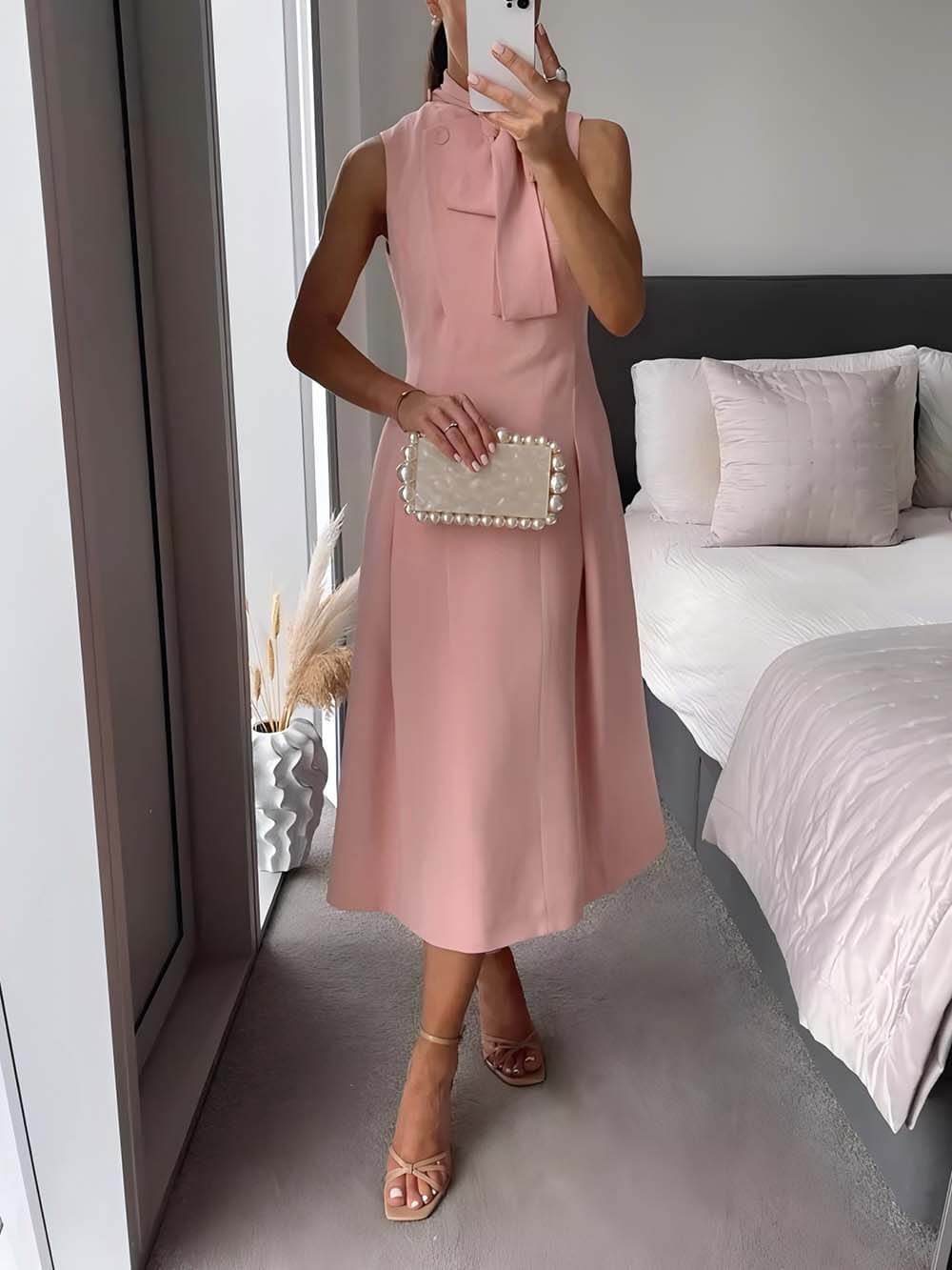 Elegant Tie-Drape Fitted Midi Dress Pink