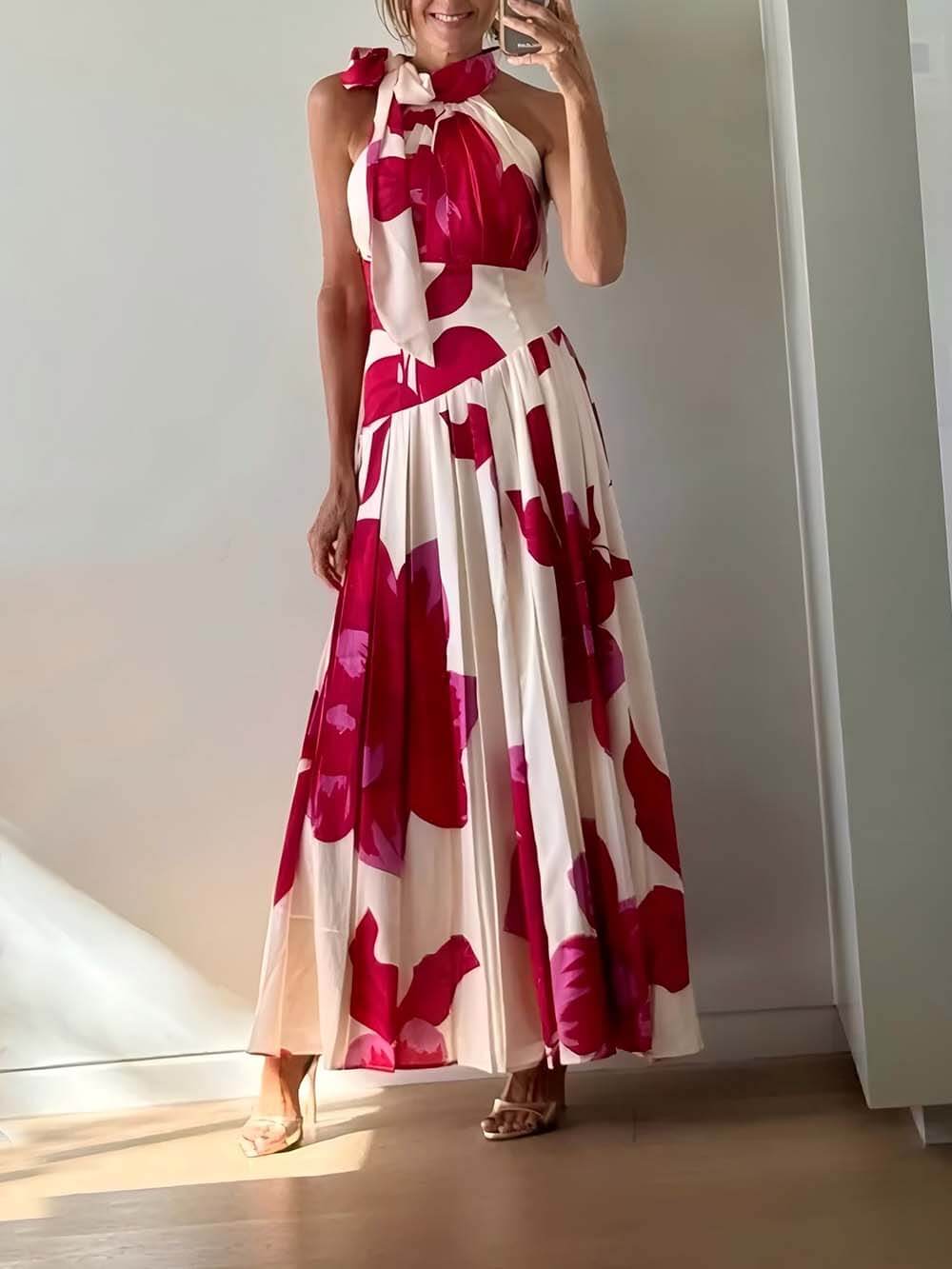 Elegant Printed Satin Ruched Backless Ruffle Maxi Dress Red