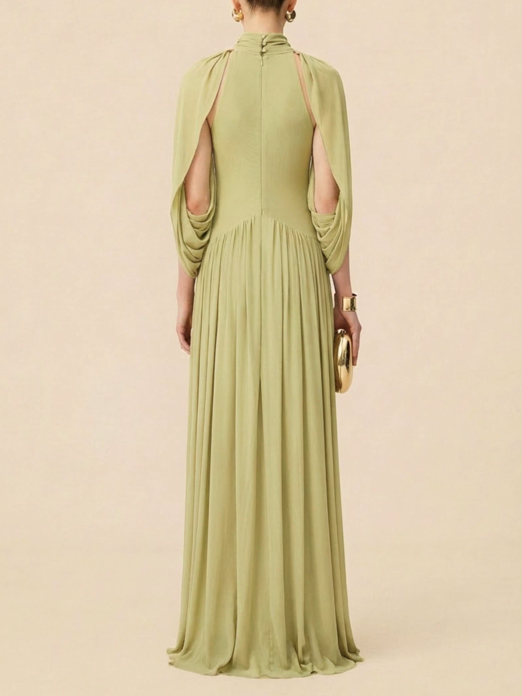 High Neck Pleated Cape Formal Maxi Dress