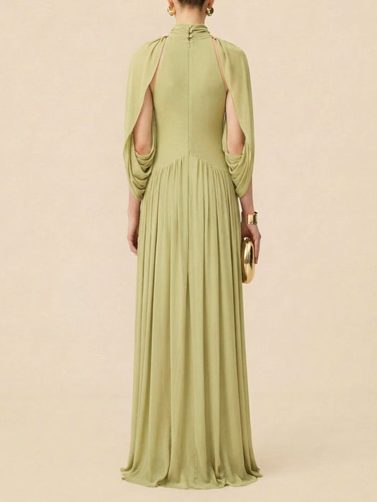 High Neck Pleated Cape Formal Maxi Dress