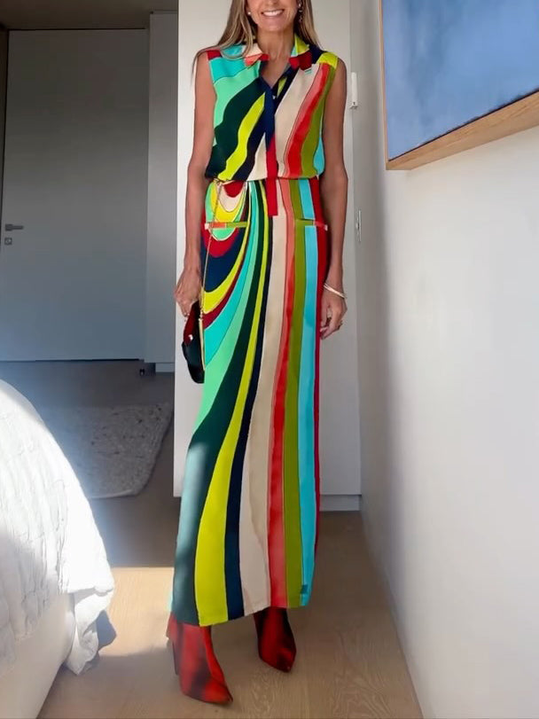Unique Painted Irregular Stripes Sleeveless Maxi Dress Multi