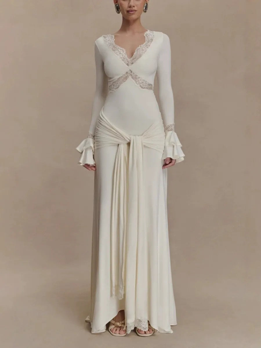 Sexy Lace Panel Trumpet Sleeve Maxi Dress White