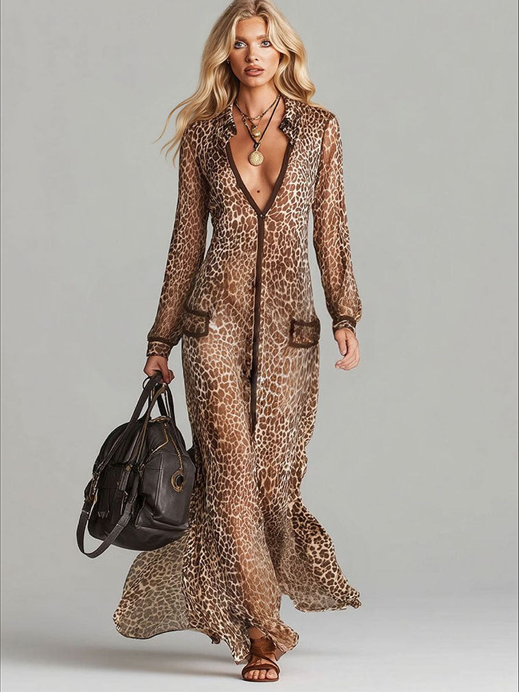 Elegant Chiffon Leopard Print Maxi Dress Brown