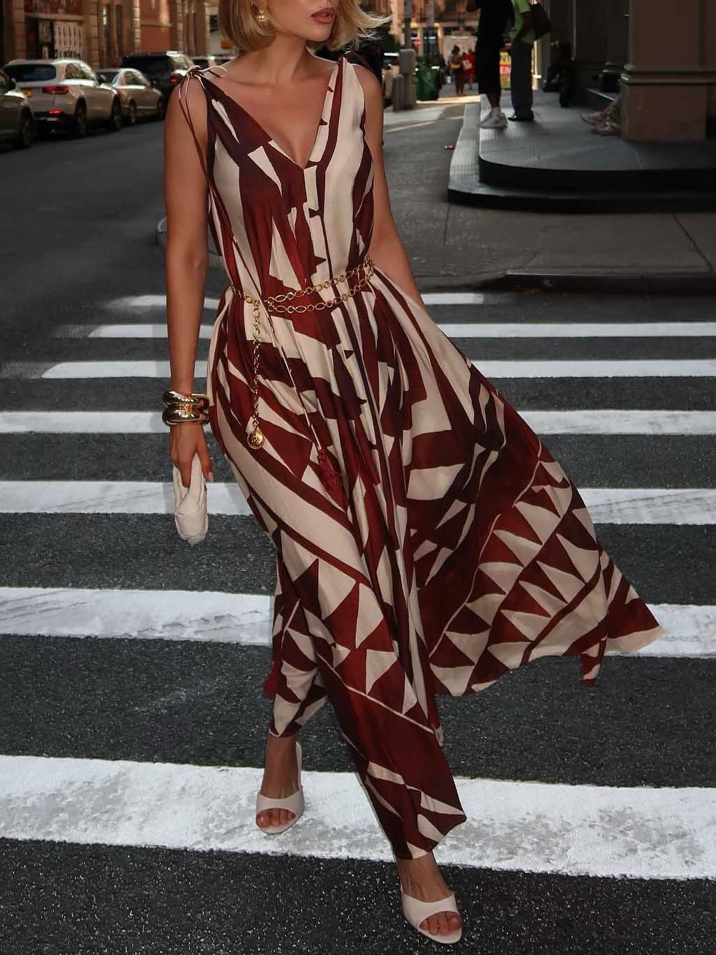 Unique Abstract Geometric Print Deep V-neck Fluffy Maxi Dress Brown