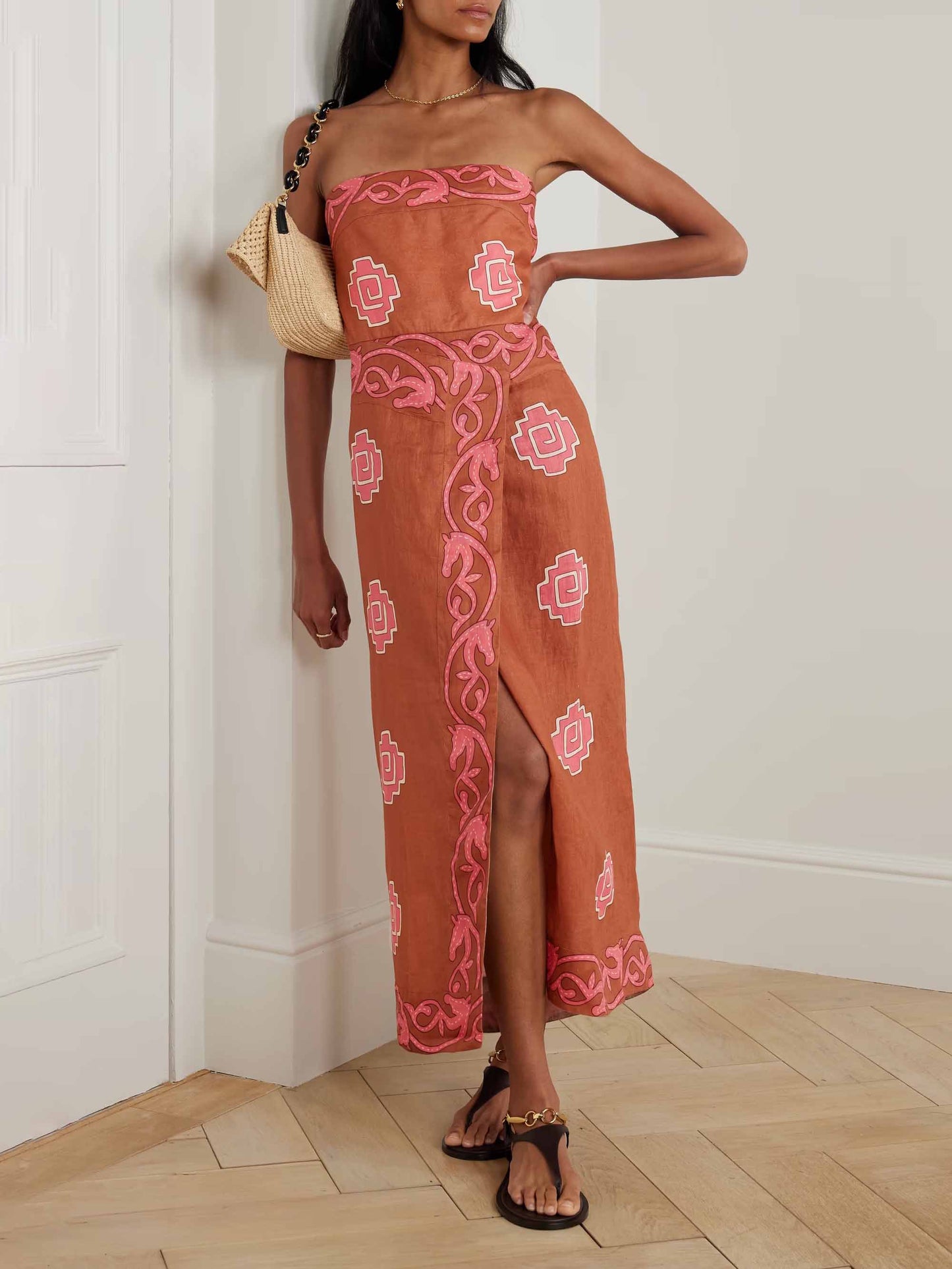 Retro Strapless Printed Slit Midi Dress Brown