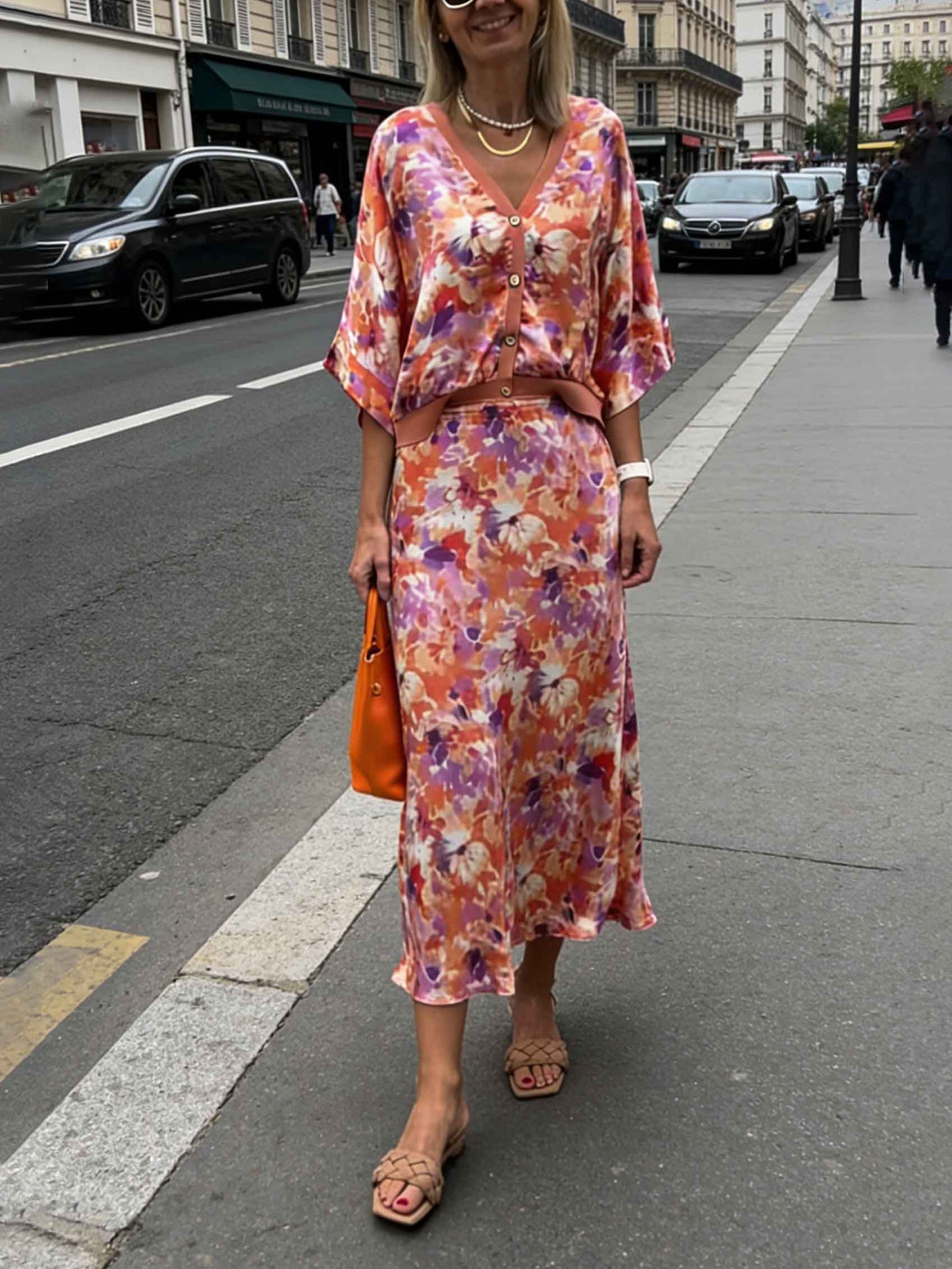 Exquisite Floral Print Satin High-Waisted Midi Skirt Orange Set