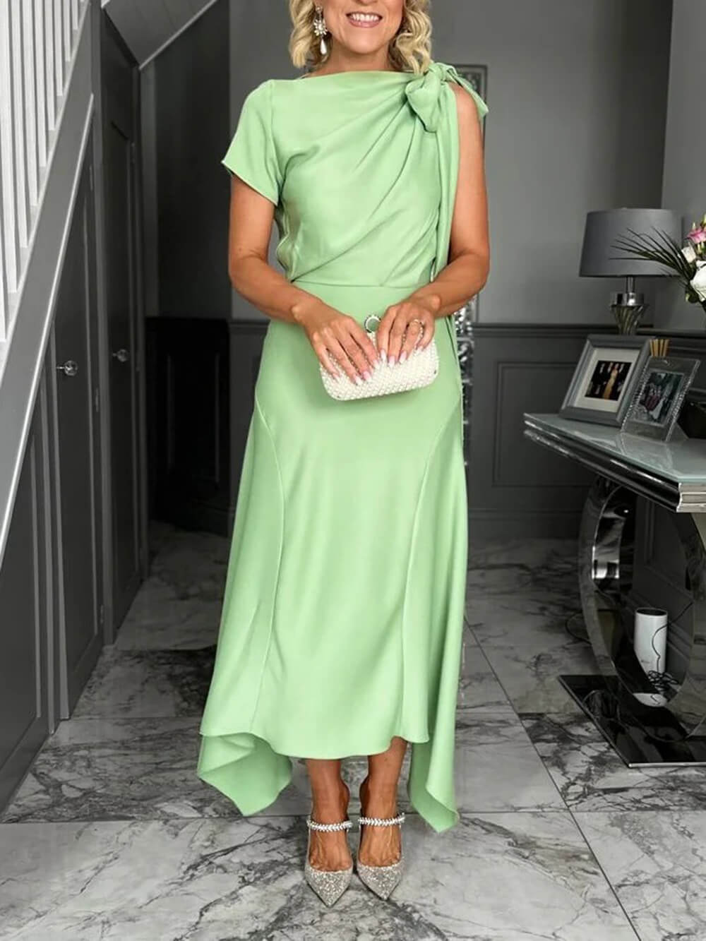 Elegant Lace-Up Cowl Neck Asymmetrical Formal Dress Green