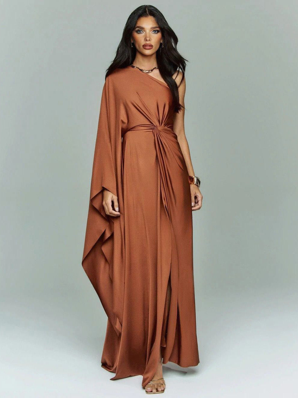 Elegant Asymmetrical Satin Draped Maxi Dress Brown