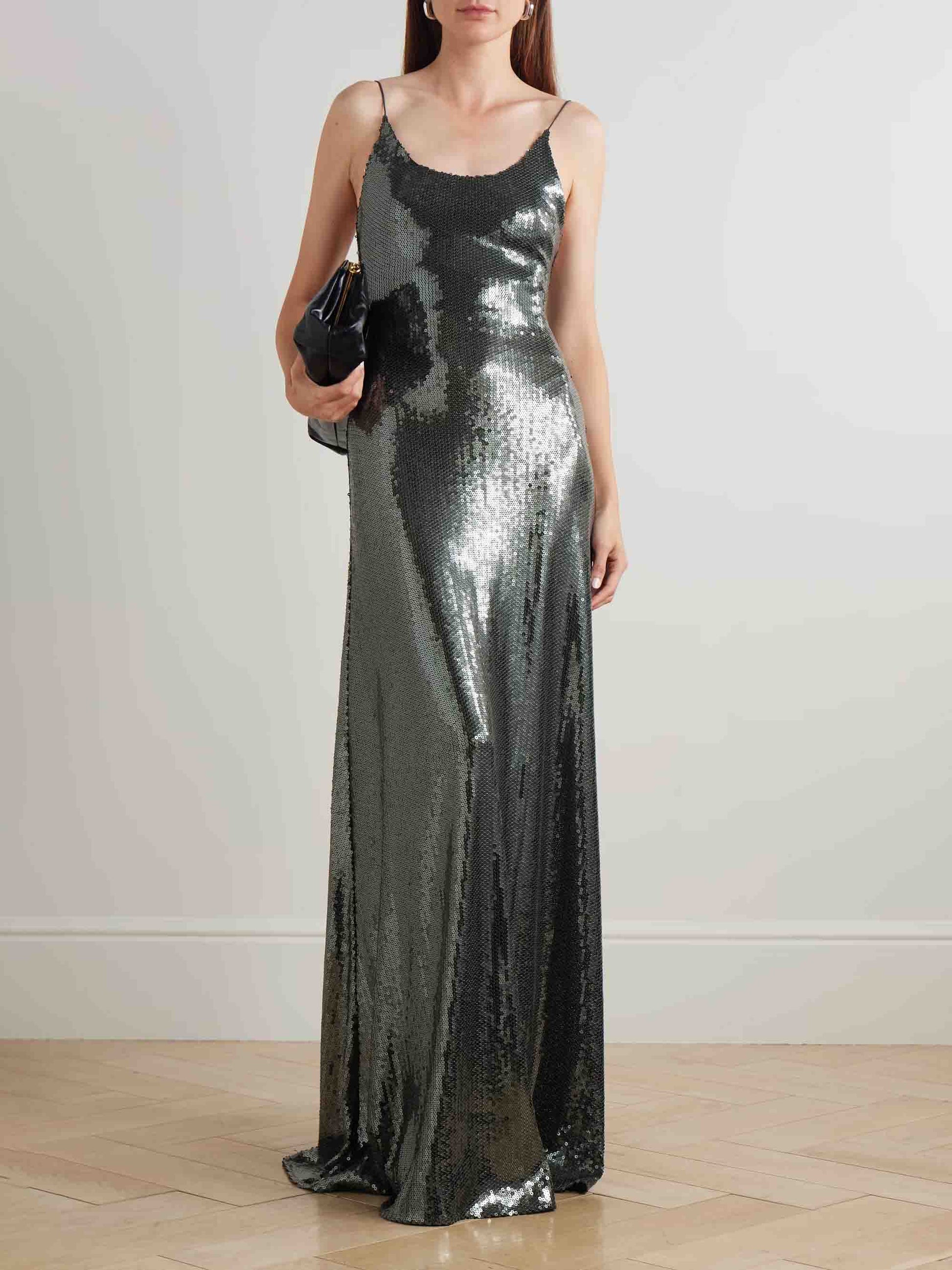 Elegant Sequined Mesh Gown Maxi Dress Dark Green