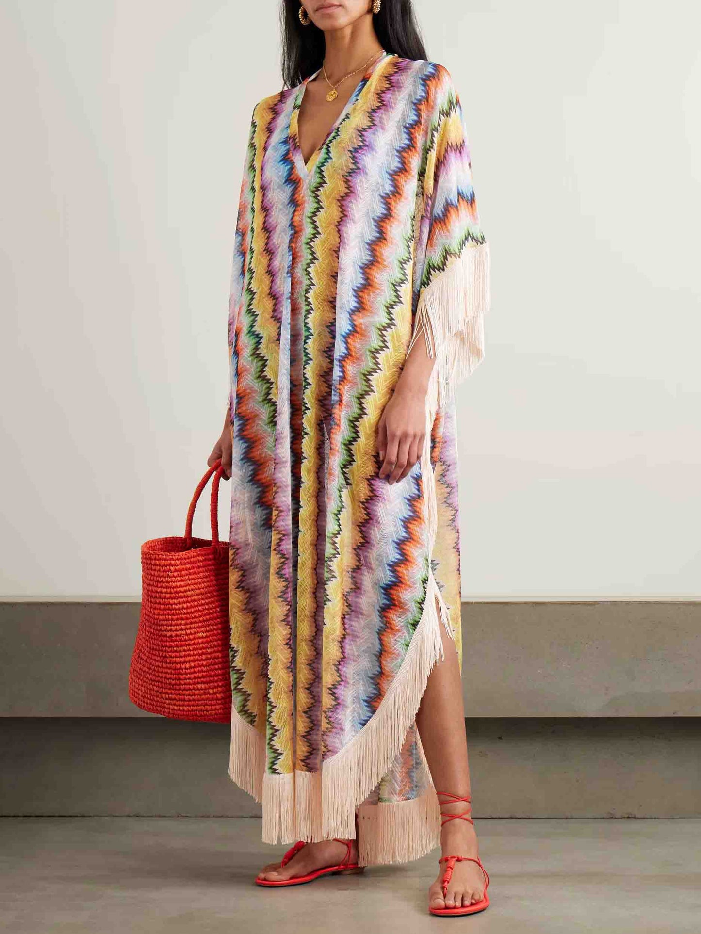 Exquisite Multicolor Chevron Fringe Kaftan Maxi Dress Multi