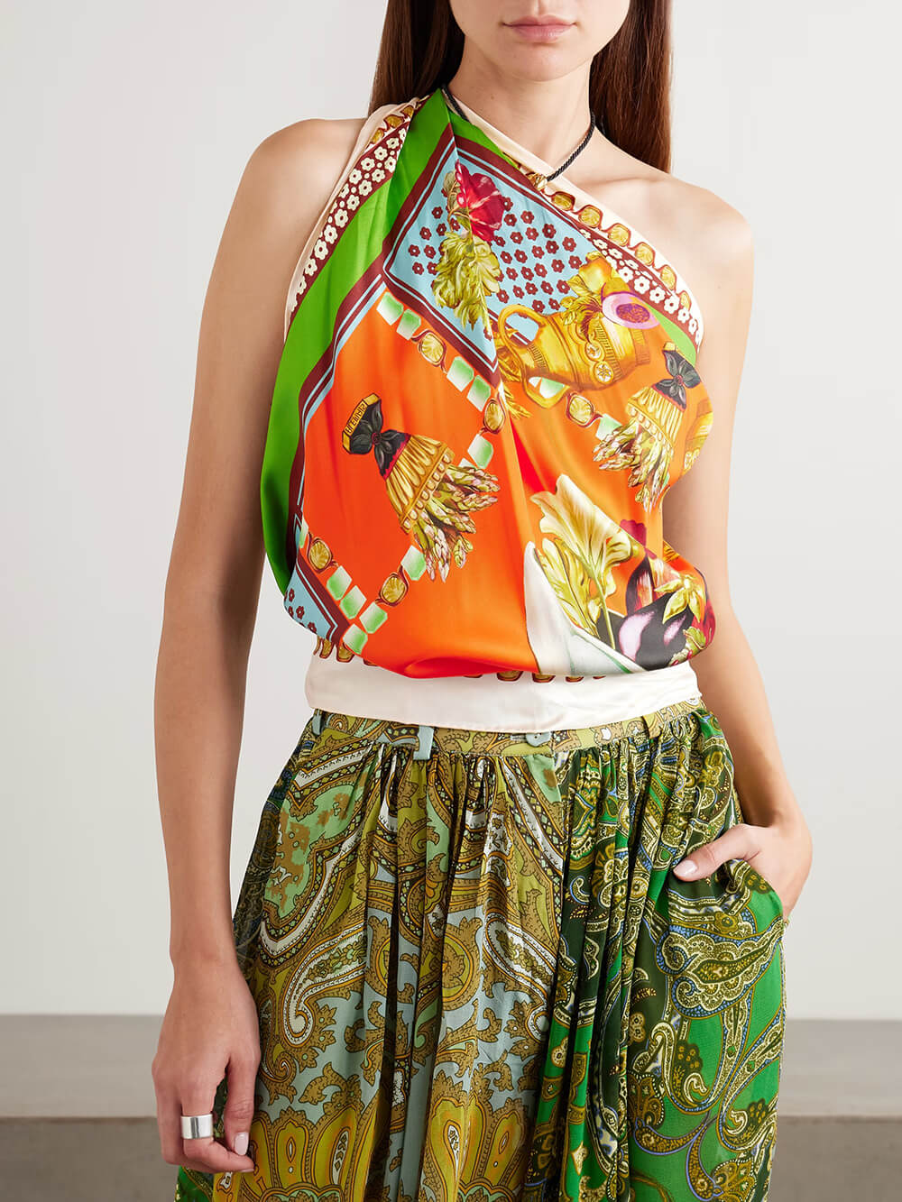 Unique Print Twill Satin Scarf Tank Top Multi One Size