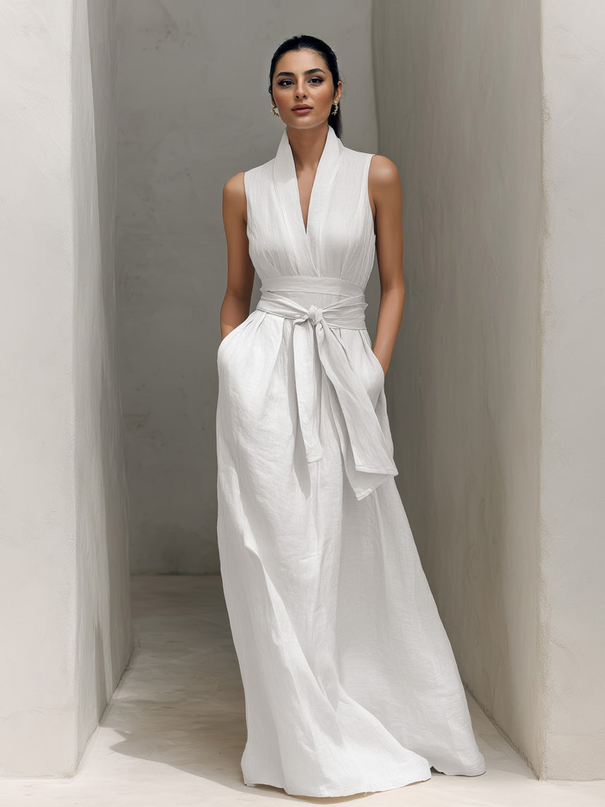 Minimalist V-neck Tie-waist Sleeveless Maxi Dress White