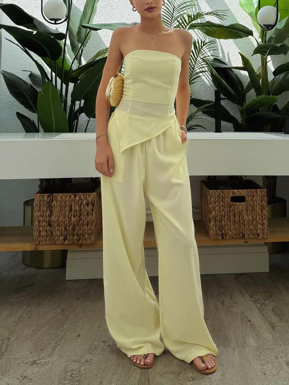 Elegant Irregular Chest-wrapped Vest And Pants Two-piece Set Yellow