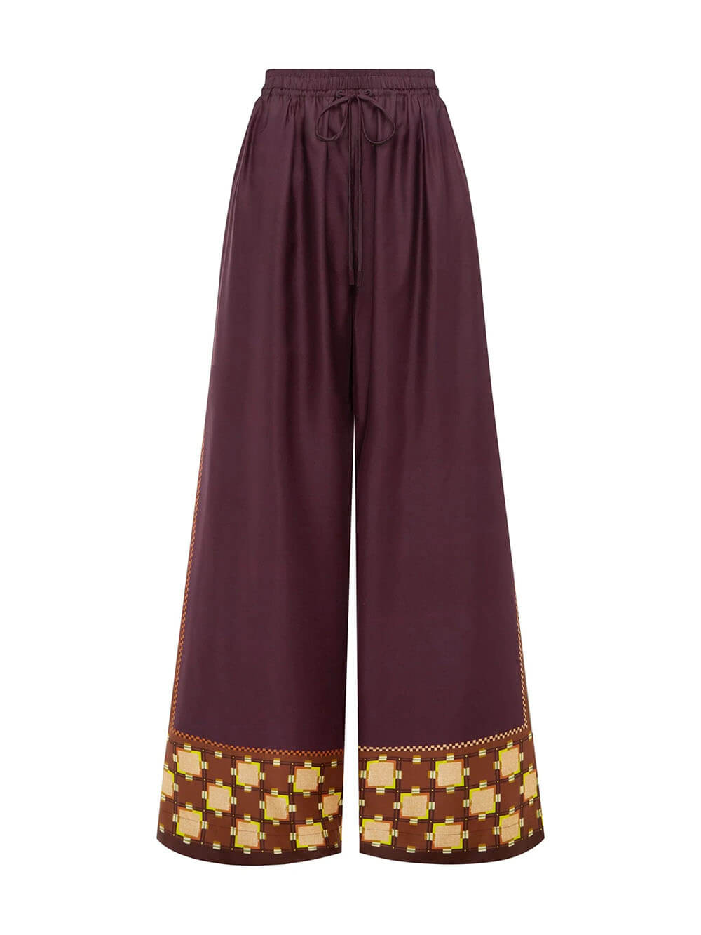 Unique Paisley Color-Block Satin Elastic Waist Wide-Leg Pants