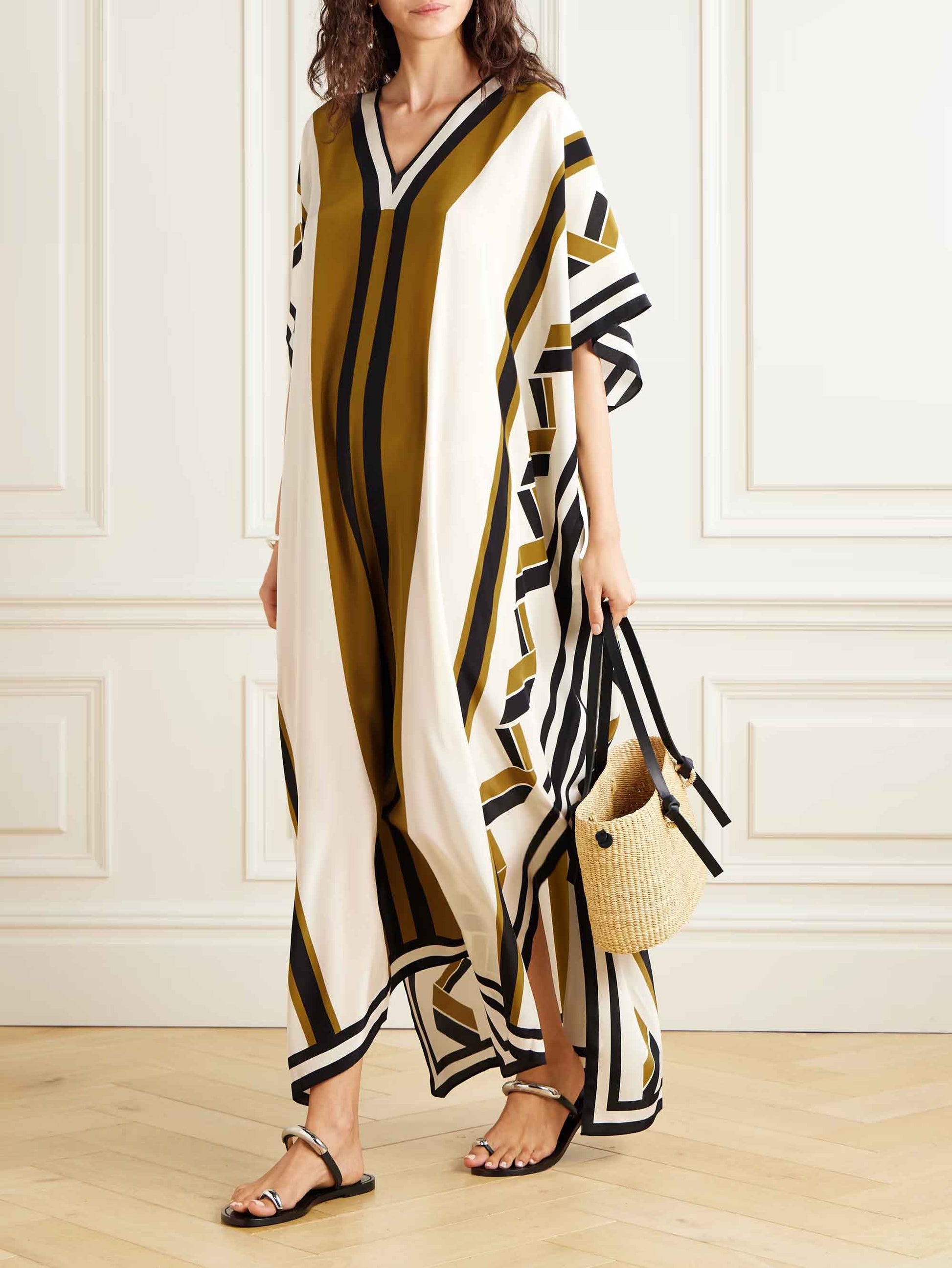 Exquisite Striped Print Belted Maxi Dress Cream