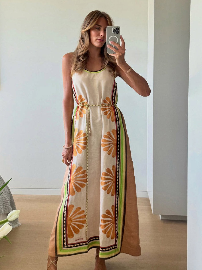 Bohemian Floral Print Sleeveless Maxi Dress With Waist Tie Multi