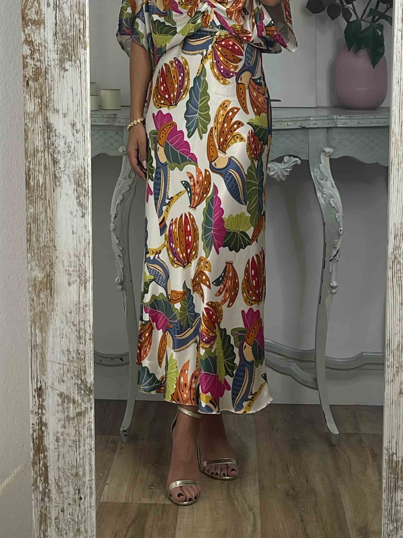 Retro Jungle Palm Leaf Satin Print Batwing Sleeve Shir Cream Skirt