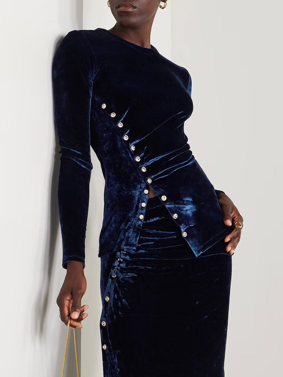 Elegant Pleated Velvet Snap Button T-shirt Dark Blue