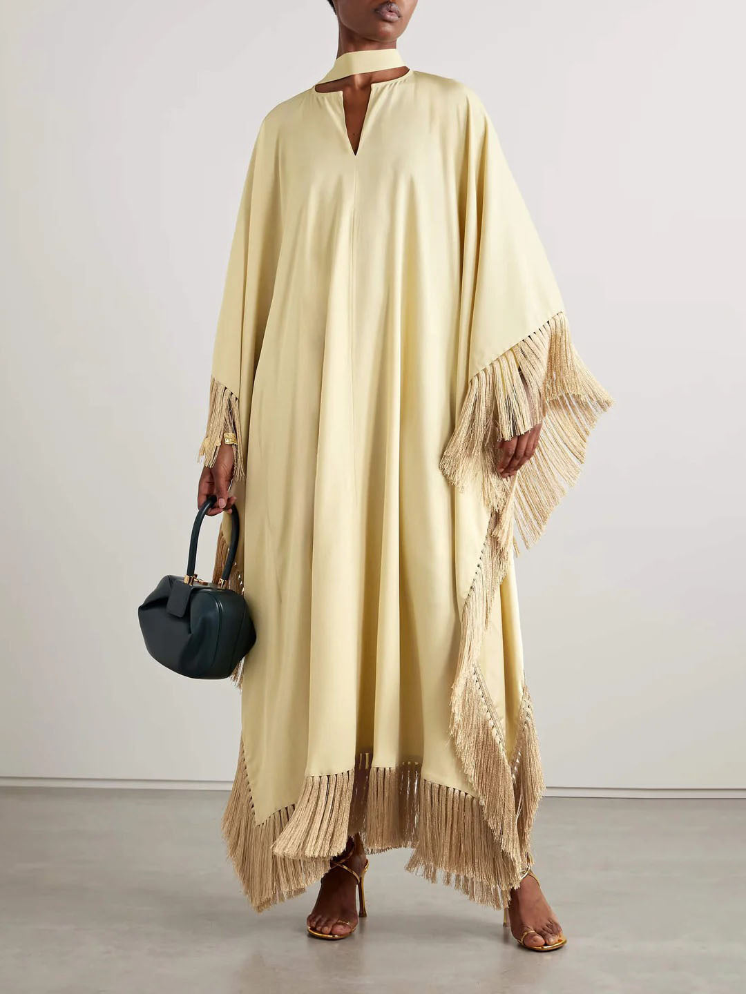 Elegant Fringed Satin Robe Maxi Dress Yellow