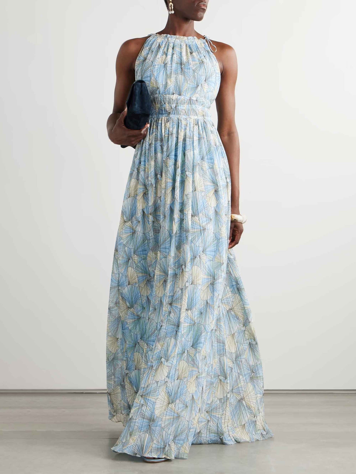 Elegant Painted Floral Print Chiffon Pleated Maxi Dress Blue