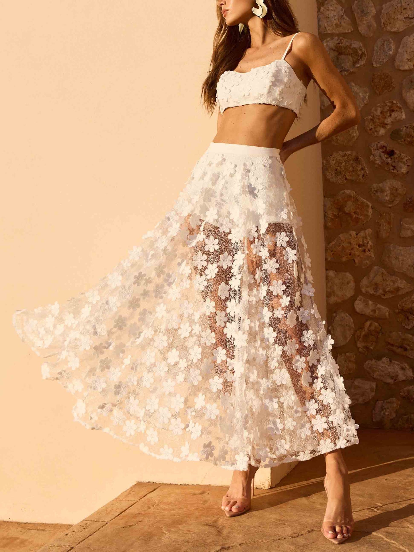 Exquisite Lace Embroidered Skirt Two-piece Set White