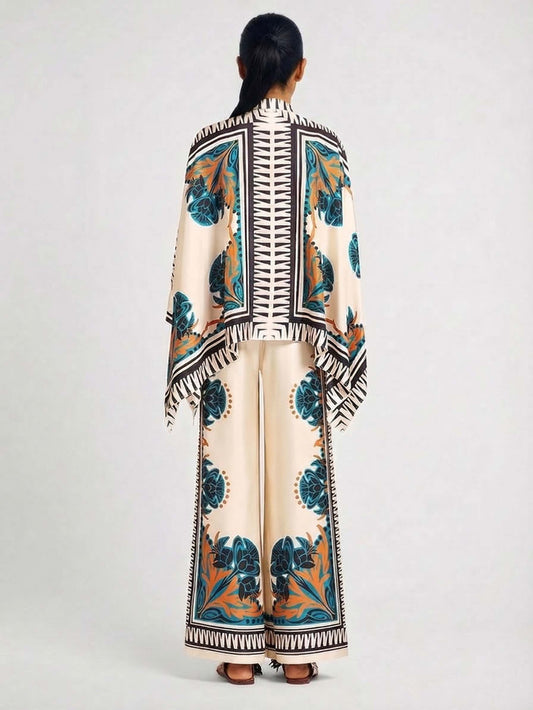 Exquisite Satin Floral Print Shirt & Wide-Leg Pants Set
