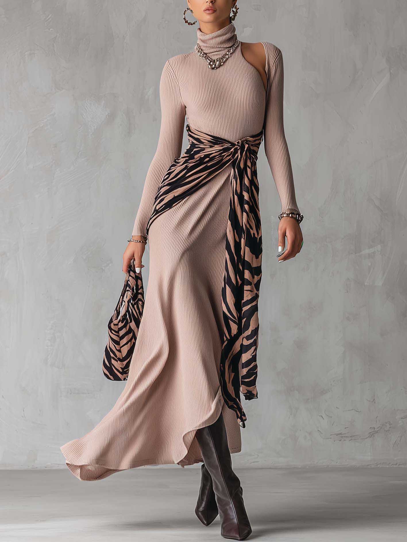 Casual High-Neck Geometric Patchwork Knit Maxi Dress Pink