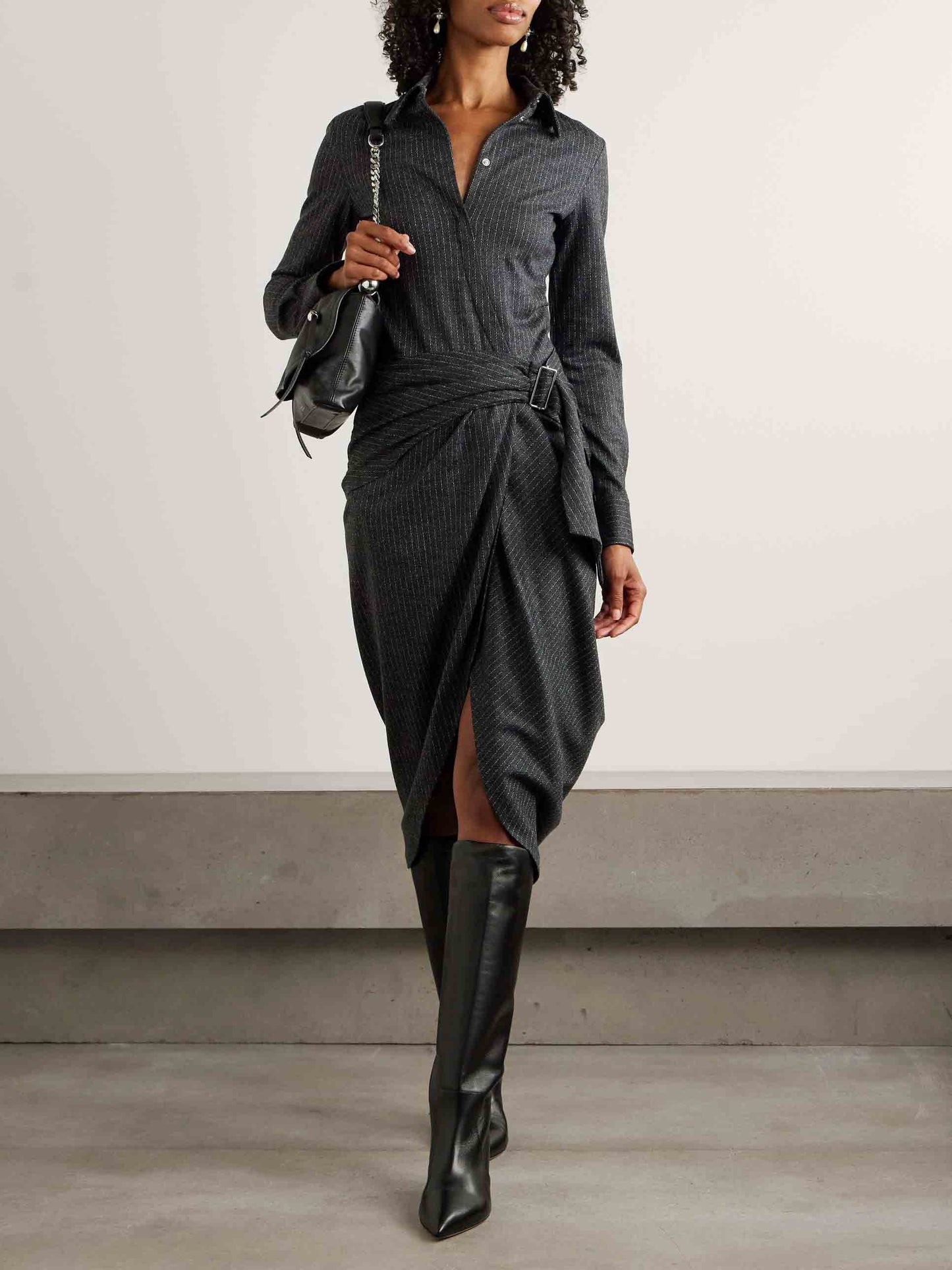 Exquisite Draped Pinstripe Wrap Midi Shirt Dress Dark Gray