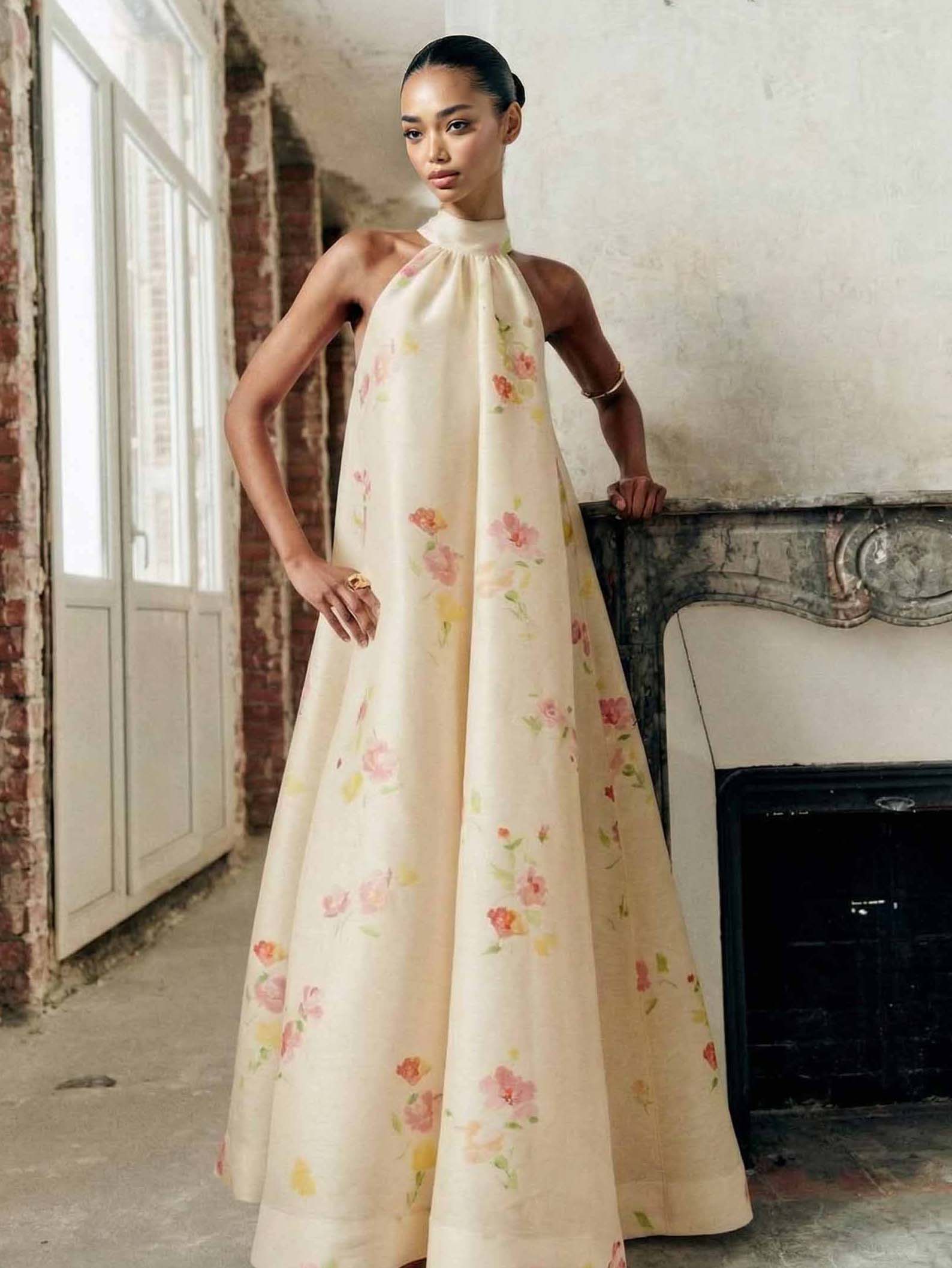 Exquisite Floral Print Sleeveless Maxi Dress Cream