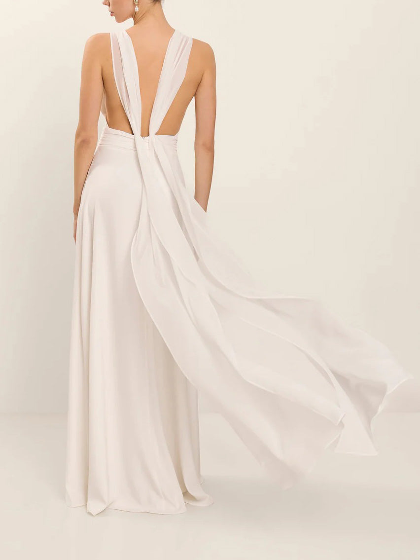 Elegant Open-back Chiffon Ribbon Flowing Maxi Dress White