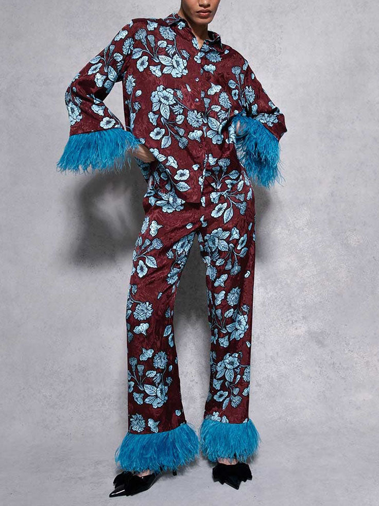 Retro Floral Print Satin Feather Long-sleeved Two-piece Suit Red Suit