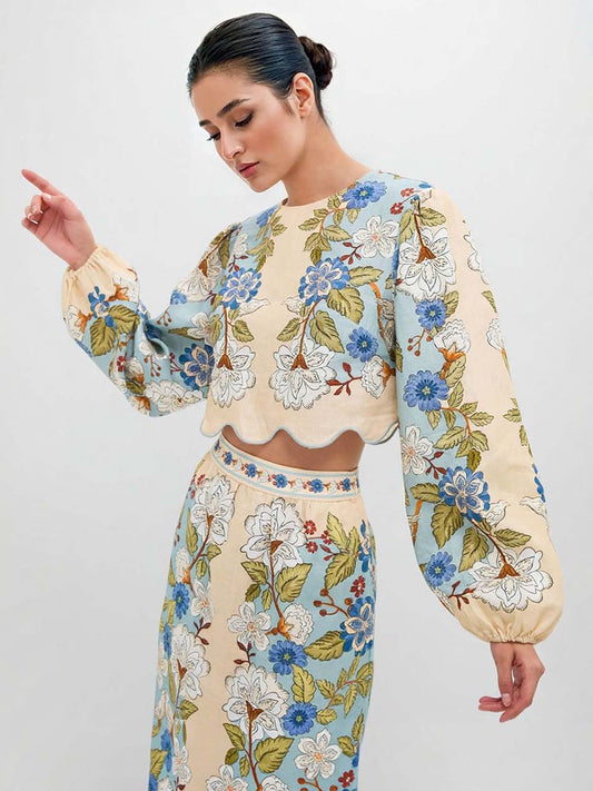 Retro Floral Embroidered Long-Sleeve Crop Top