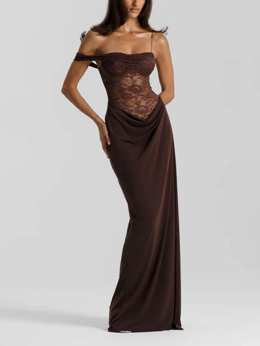 Sexy and Delicate Off-the-Shoulder Lace Panel Maxi Dress